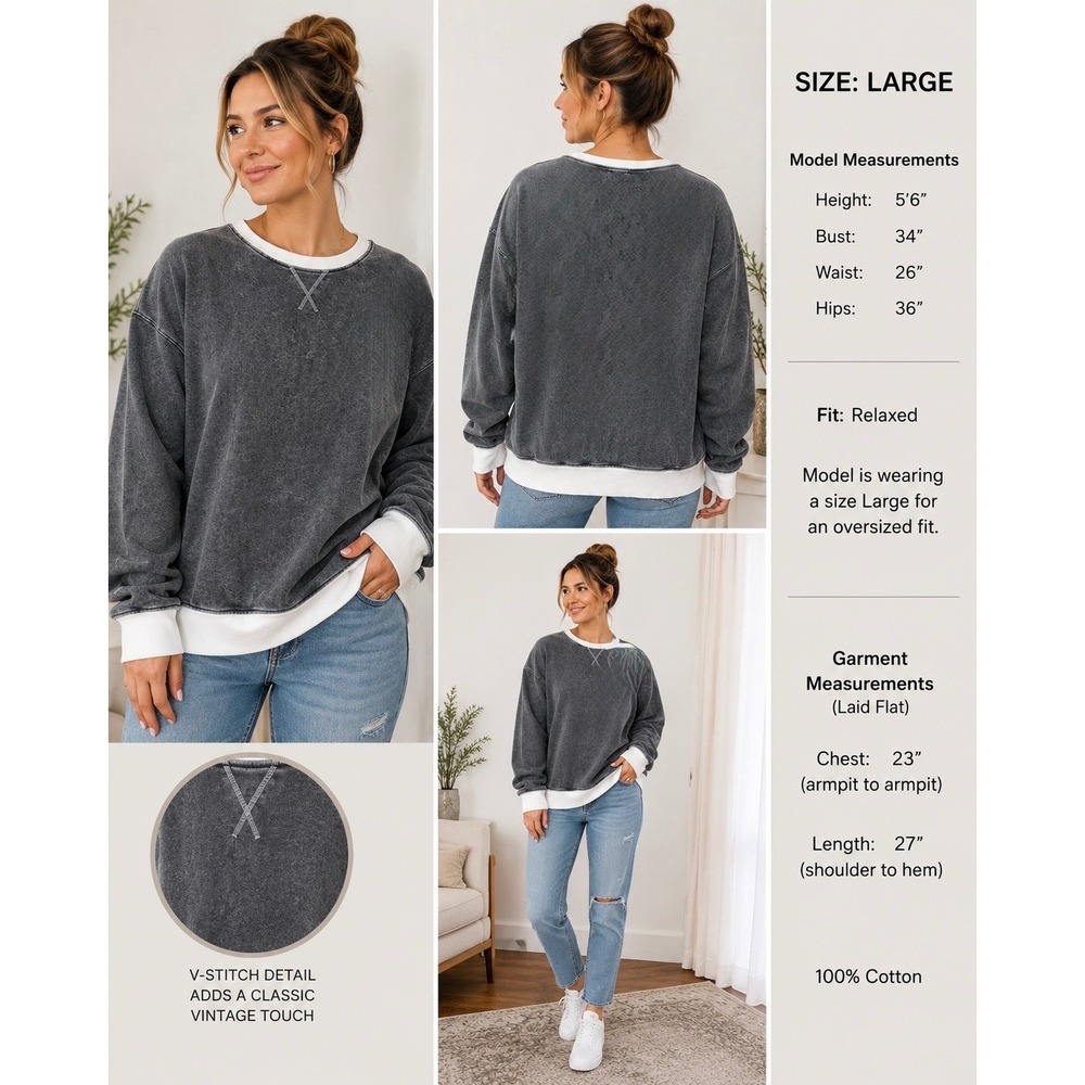 White Birch Mineral Wash Sweatshirt Womens Large Charcoal Grey Cotton T10903XL